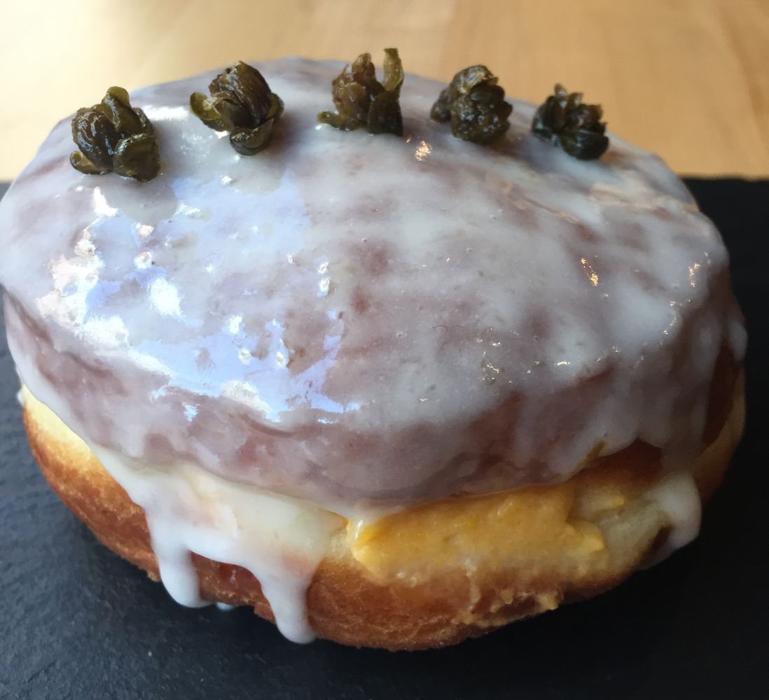 Squash filled doughnut with a grilled green grape glaze with a fried caper topping, inspired by Gramercy Tavern<br>